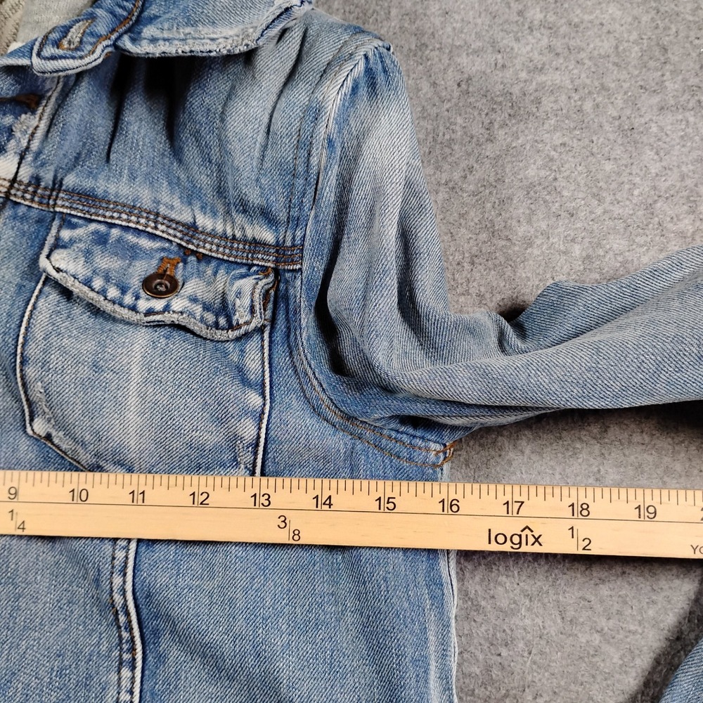 Free People Womens Distressed Denim Jacket Gray Hooded Layered Blue XS - Picture 7 of 11